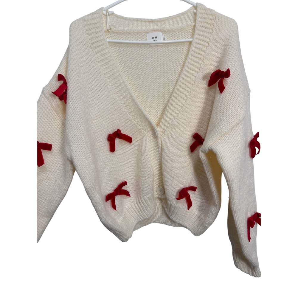 Luna Ivy Cream Knit Cardigan Red Velvet Bows Coquette V-Neck Sweater XS